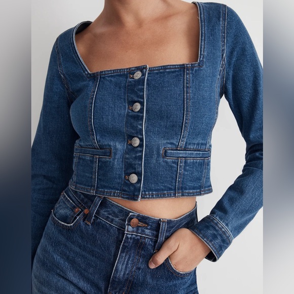 NWT Madewell Denim Square Neck Crop Long Sleeve Top in Hallwood Wash - Picture 2 of 9